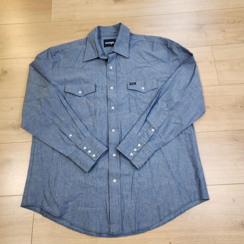 Wrangler Western Shirt Mens XL Blue Chambray Long Sleeve Pearl Snap Casual